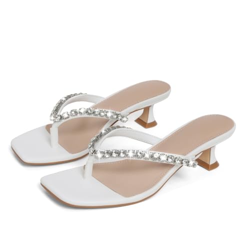 Image of Eteridrey Rhinestone Flip Flop Heels Women Square Toe Kitten Heel Summer