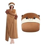Mewaii Otter Wearable Hooded Blanket, Soft Flannel Throw Blanket Cloak Wrap, Oversize Otter Costume Outfits, Cozy Warm Adult Animal Blanket Hoodies with Gloves, Kawaii Gift for Women Men Teens Kids