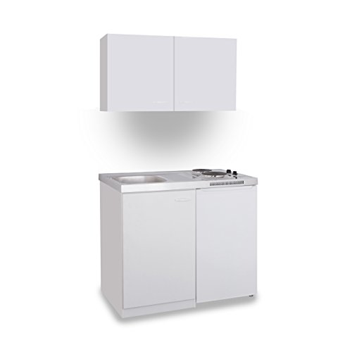 MK0008OSWEISSC Büro-Küche Küchenblock mit Kühlschrank Spüle und integriertem Duo-Ceran-Kochfeld in Weiß 100 cm