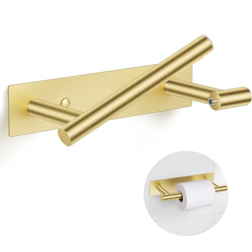 Brushed Gold Toilet Paper Holder Adhesive or Screw Toilet Roll Holder Wall Mount SUS304 Stainless Steel Double Post Pivoting Toilet Roll Holder for Bathroom Kitchen Washroom