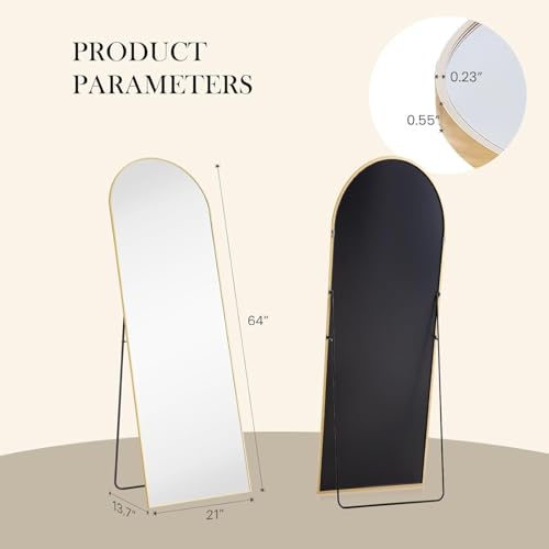 FAB&Deluxe Full Length Mirror - 64"x21" Standing or Leaning Full Body Mirror with Aluminum Alloy Frame, Floor Mirror for Bedroom Bathroom Wall Decor, Arched, Gold