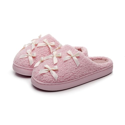 Women Slippers Cute Bows Cozy Fleece Indoor Outdoor Shoes Anti-Slip Sole, Cute Winter House Wearing - Main Image