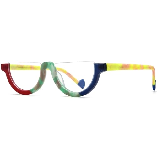 Image of HEPIDEM Matte Multicolor Acetate Glasses Frame Women,Semi Rimless Round Optical Eyeglasses