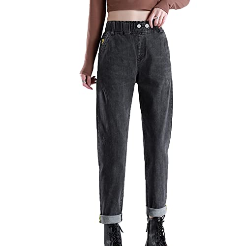 Maiyifu-GJ Women's Elastic Waist Cropped Jeans Casual Pull-on Baggy Denim Joggers Pants High Waist Boyfriend Slim Fit Jean (Dark Grey,32)