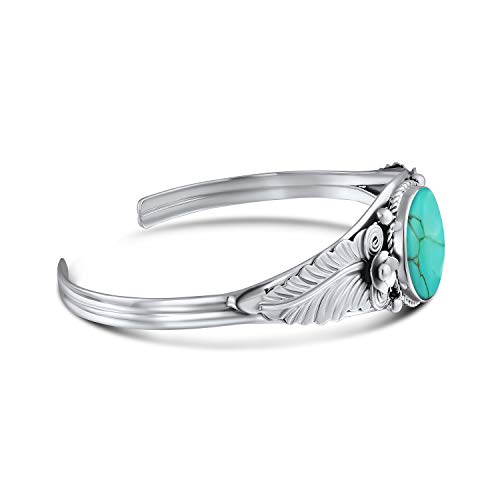 Bling Jewelry Nature Leaf American Indian South Western Navajo Style Flowers Round or Oval Cabochon Statement Onyx Stabilized Turquoise Wide Cuff Bracelet For Women .925 Sterling Silver2