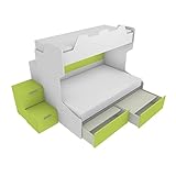  MOBILFINO CAMERETTE SMART120B- Letto a Castello con ballatoio Retro e Letto Inferiore da Una Piazza e Mezza con gradinata Contenitore - Bianco e Lime, con cassettoni Estraibili