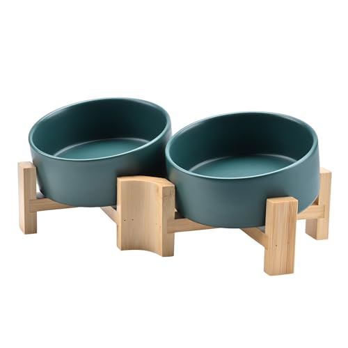 SPUNKYJUNKY 15 Slanted Ceramic Dog and Cat Bowl with Wooden Stand Tilted Bulldog Food and Water Bowl No Slip Non-Spill for Cats Medium Dogs Big Face Pets 13.5 OZ (1.7 Cups Green 2)
