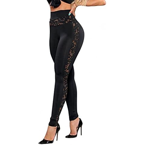 FULKAN Beach Bags for Women High Waisted Yoga Pants for Women Tummy Control 4 Way Stretch Skinny Slim Fit Sexy Lace Stitching Full-Length Workout Leggings Tights Plus Size(Black,L) Cover