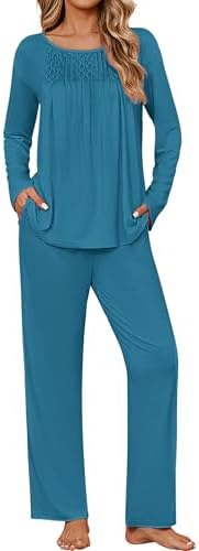 Ekouaer Womens Pajama Sets Long Sleeve Pleated Sleepwear 2025 Fall Winter Pjs Set Comfy 2 Piece Lounge Set with Pockets