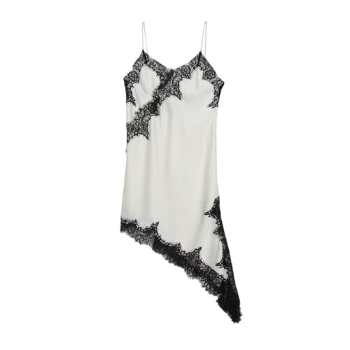 Generisch Damen Satin-Trägerkleid mit asymmetrischem Spitzensaum - Elegantes Lingerie-Kleid im Seiden-Look | Verführerisches Slip-Dress für...