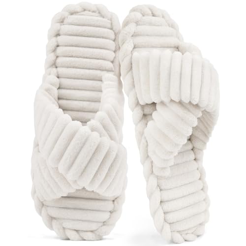 ZOORON Open Toe Slippers for Women Fuzzy Slippers Cross Band Cozy Memory Foam Slip On Plush House Shoes Indoor Outdoor Slide Slipper