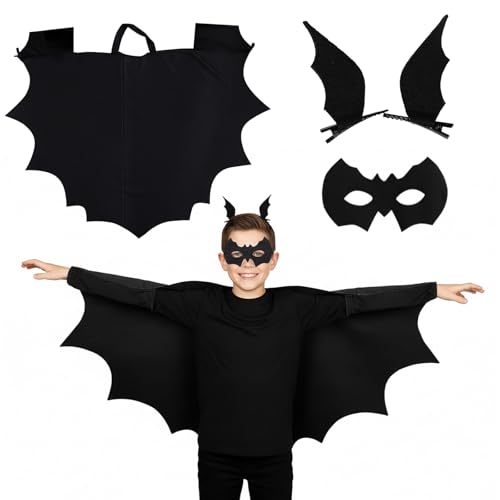 ZocRjvN Fledermaus Kostüm Kinder 3-teiliges Set mit Umhang Maske und Haarklammer Fledermaus Kostüm für Kinder Kostüm fledermaus kinder