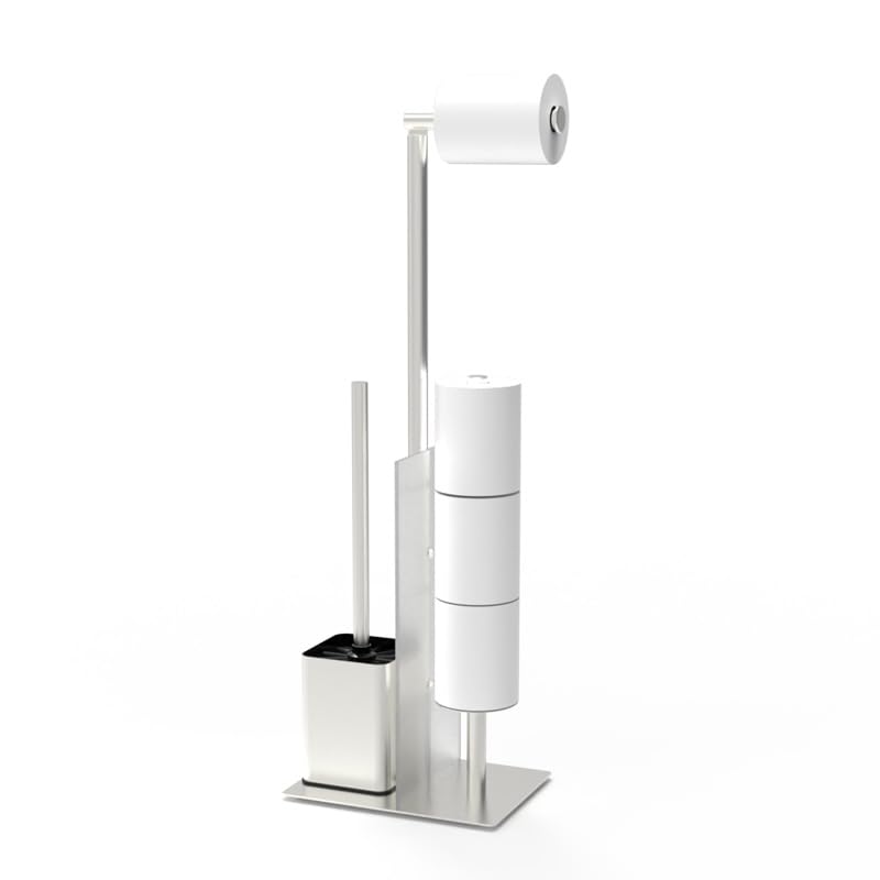 YUET Porte-Papier Toilette Debout en Acier Inoxydable avec Brosse WC, Support Papier Toilette sur Pied pour Salle de Bain, Distributeur Base Lourde (Argenté)