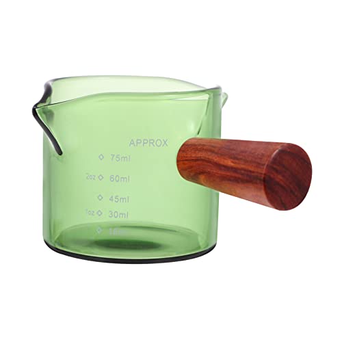 SOLUSTRE Double Spout Glass Milk Jar with Wooden Handle Multi Purpose Coffee Container for Milk and Latte Art Stylish and Lightweight Design for Home Coffee Shops