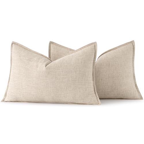 Image of MIULEE Decorative Linen Lumbar Pillow Covers 12x20 Inch Natural Beige Boho Farmhouse Neutral Couch Throw Pillows for Bed Pack of 2 Accent Modern Pillowcase Sofa Livingroom Home Decor