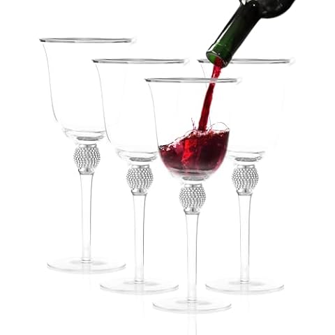 BERKWARE Premium Wine Glasses Set of 4 - Crystal Long Stem Wine Glass with Silver Rim & Rhinestone Design - 18 oz Cover