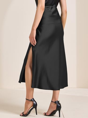 Allegra K Women's Satin Midi Skirt High Waist Elastic Waistband Split Casual A-Line Long Skirts 20254