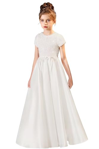 Flower Girl Dress Pearls Ball Gown Dress Elegant Satin First Communion Princess Dresses for Girls