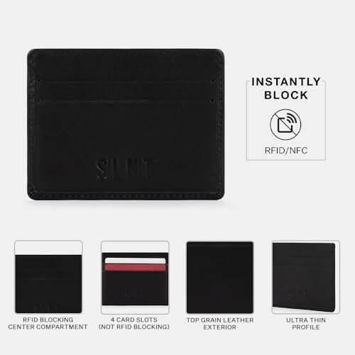 SLNT Napa Top Grain Leather RFID & NFC Signal Blocking Simple Card Wallet with 4 Credit Card Slots & 1 Center Pocket - Slim & Lightweight, Great for Travel, Daily Use3