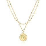 Aobei Pearl 18K Gold Lion Medallion Pendant Necklace 3D Lion Head Paper Clip Cuban Chain Choker Layering Necklace Sets for Women Round Circle Disk Statement Jewelry 15’’