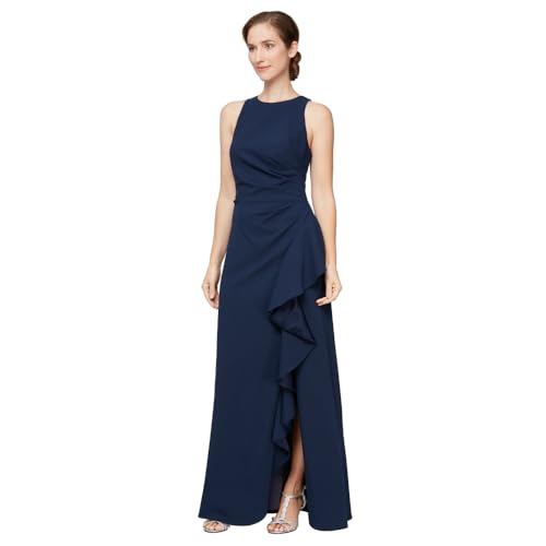 Image of Alex Evenings Women's Long Cascade Ruffle Sleeveless Gown with Leg Slit, Mother of The Bride Dress, Elegant Party Gown