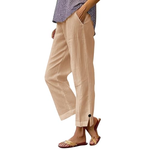 YRAETENM Linen Pants Women Casual High Waisted Cotton Capri Pants Summer Loose Fit Wide Leg Cropped Trousers with Pockets