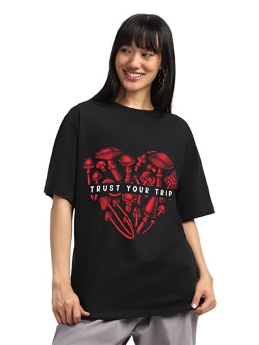 Image of JUNEBERRY Pure Cotton Round Neck Half Sleeve Oversized Baggy Fit Drop Shoulder Front Printed T-Shirt for Women