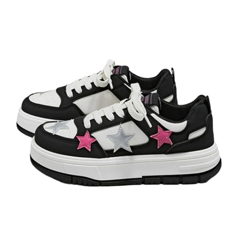 Cute Star Sneakers for Women Star Decor Lace-Up Thick Sole Shoes Height Increase PU Upper EVA Insole Rubber Sole Walking Shoes
