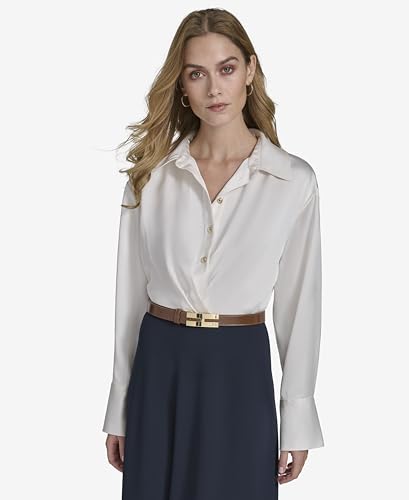 H HALSTON Women's Long Sleeve Shirt Collared V-Neck Midi Dress2