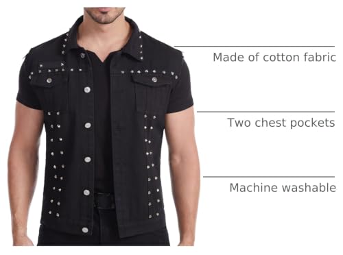 Image of Men's Punk Rock Sleeveless Denim Jean Vest Jacket With Rivets