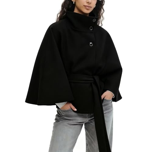 Zoziiee Womens Batwing Sleeve Poncho Pea Coats Elegant Stand Collor Capes Jacket Cloak Belted Fall Trendy Casual Outerwear(Black,S)