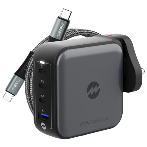 Image of MOZEN by Amkette GaN3 100W PD 3.1 GaN Charger & Cable, 4 Ports- 3 Type C & 1 USB A, Laptop Charger Type C: MacBook, Dell, HP, ASUS & Smartphone, Detachable Travel Plug, Power Split & Multilayer Safety