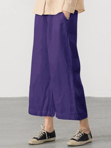 Image of ECUPPER Womens Cotton Cropped Pants Loose Fit Wide Leg Trousers | Casual, Plus Size, Elastic Waist, Capri, 100% Cotton, Slant Pockets, High Rise Waist, Lounge Pants