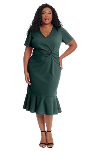 Image of London Times Women's V-Neck Dress - Flounce Hem, Twist Waist, Elegant Office & Event Wear