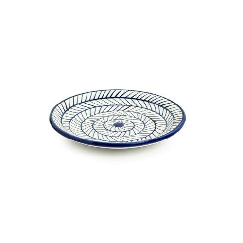 Image of ExclusiveLane 'Indigo Chevron' Hand-Painted Ceramic Quarter Plates Set of 4 Ceramic (Set of 4, 7 Inch, Microwave Safe) | Ceramic Plates for Serving Plate for Snacks Starter Plate Half Side Plates
