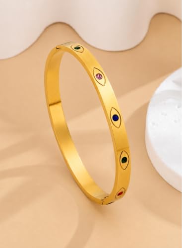 Image of Stylish Gold Plated Bangle for Women | Daily Use Stainless Steel Kada | Anti-Tarnish Waterproof Cuff | Multicolour Crystal Evil Eye | Daily Wear Bracelet For Womens | Premium Gift For Girl
