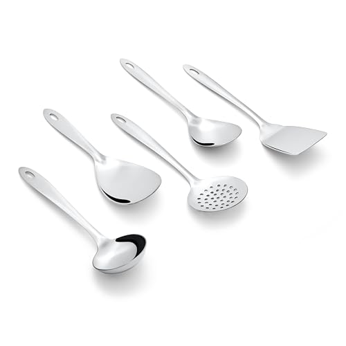 Image of Montavo by FnS 5 Pieces Premium Stainless Steel Serving Tools Set, Rice Server, Gravy Ladle, Veg Serving Spoon, Skimmer & Solid Turner, Food Grade Kitchen Utensils for Home & Dining