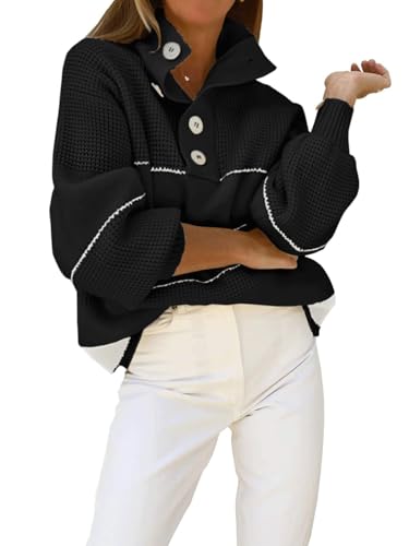 Image of utcoco Womens 2025 Waffle Knit Sweater Striped Knit Tops Polo Collared Long Sleeve Pullover Sweaters