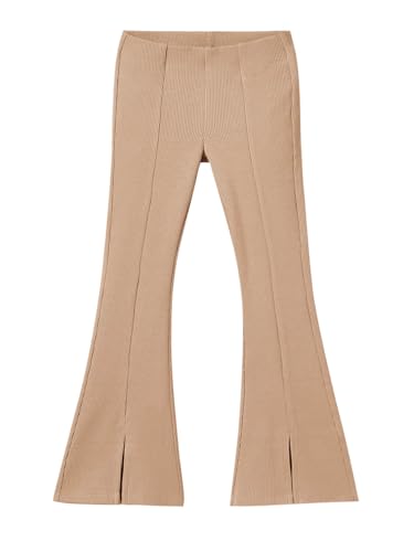 Image of Haloumoning Girls Kids Elastic Waist Ribbed Flare Split Bottom Pants Stretch Casual Long Pants(5-14Y) Khaki