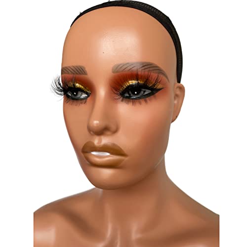 Voloria Realistic Female Mannequin Head with Shoulder Manikin PVC Head Bust Wig Head Stand with Makeup for Wigs Necklace Earrings Light Brown with Yellow Eye Shadow