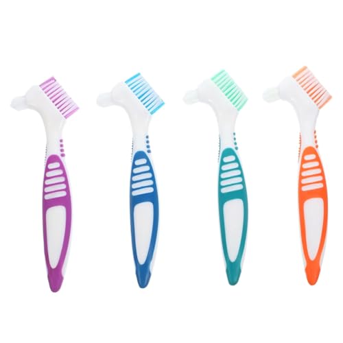 WeddHuis 4 PCS Cepillos de Limpieza de Dentaduras de Doble Cara - Cepillo Ergonómico con Cerdas Multicapa - Cepillo Portátil y Moderno para Prótesis Dentales (4 Colores)