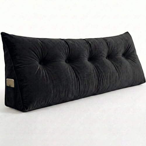 VANSH FURNITURE Luxury Velvet Tufted Wedge Pillow with Side Pocket – Soft Headboard Back Support Cushion for Bed, Sofa & Floor Seating - Black Color