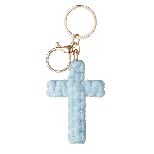 HongEast Macrame Cross Keychain Jesus Key Chain Christian Car Accessories Handmade Soft Cross Keychain Charm Cute Baptism Faith Inspired Boho Decor for Women Men Religious Gifts(Blue)