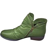 Winterstiefel Damen Stiefeletten Reißverschluss Kurzstiefel Vintage Mode-Stiefel mit Blockabsatz Elegante Herbst Winter Schuhe Klassische Kampfstiefel Cowboystiefel für Frauen Bequeme Biker Boots