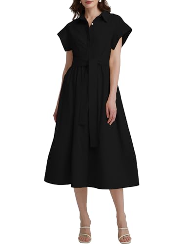 Midi Shirt Dresses for Women Summer Short Sleeve Button Down Collared Dress with Pocket Black