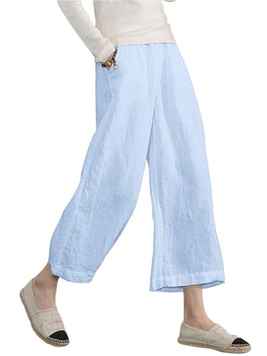 Image of ECUPPER Womens Cotton Cropped Pants Loose Fit Wide Leg Trousers | Casual, Plus Size, Elastic Waist, Capri, 100% Cotton, Slant Pockets, High Rise Waist, Lounge Pants