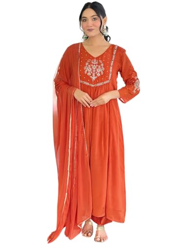 Image of Naixa Women's Silk Chiffon Embroidered A-Line Kurta with Rayon Pant and Silk Chiffon Laced Dupatta Sets (Available in Plus Size) (NX-661)
