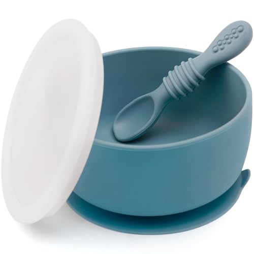 Image of SAMiGO Silicone Baby Bowl and Spoon Set with Suction and Lid, First Stage Self Feeding Essentials, Food Bowl for 6+ Months