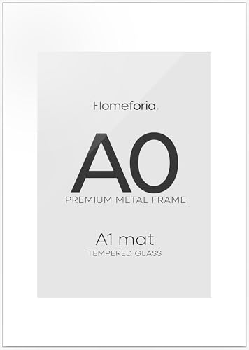 Image of Homeforia A0 White Poster Frame, High-End Metal, A1 Mat, Glass | High End Aluminum, Tempered Glass, Acid-Free A1 Removable Mat, A0 Edge-to-Edge Display, Wall Kit, Set Of 1