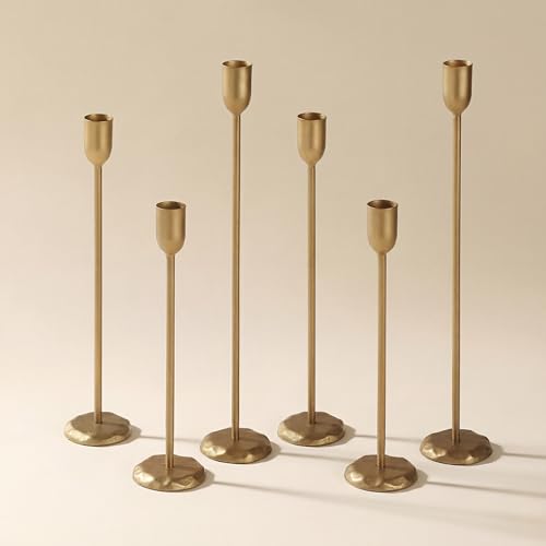 Perfnique Brass Candlestick Holders Set of 6 - Antique Gold Iron Candle Holders for...